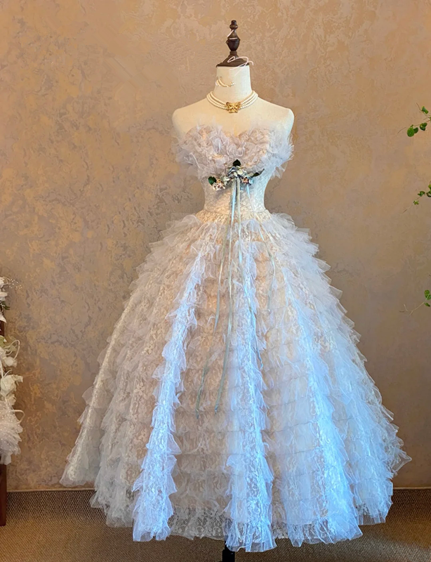 Light blue strapless, fitted waist, tulle skirt ball gown R7238