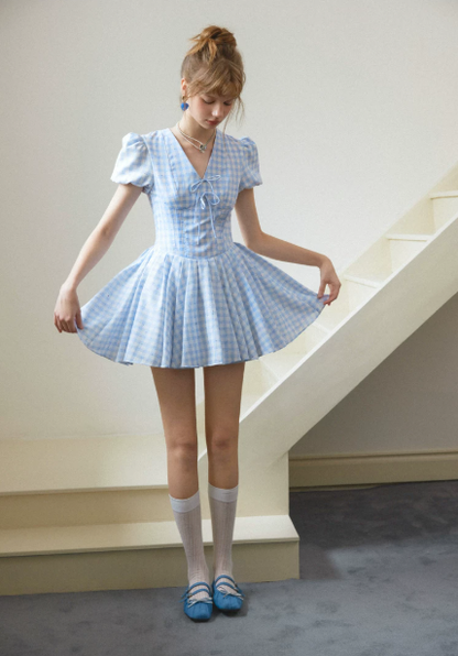 Blue White Gingham Puff Sleeve V-Neck Mini Dress Women High Waist A-Line Dress R9350