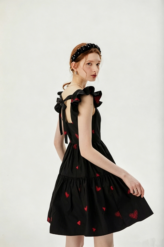 Black Heart Embroidered Mini Dress Women With Ruffled Cap Sleeves R9463