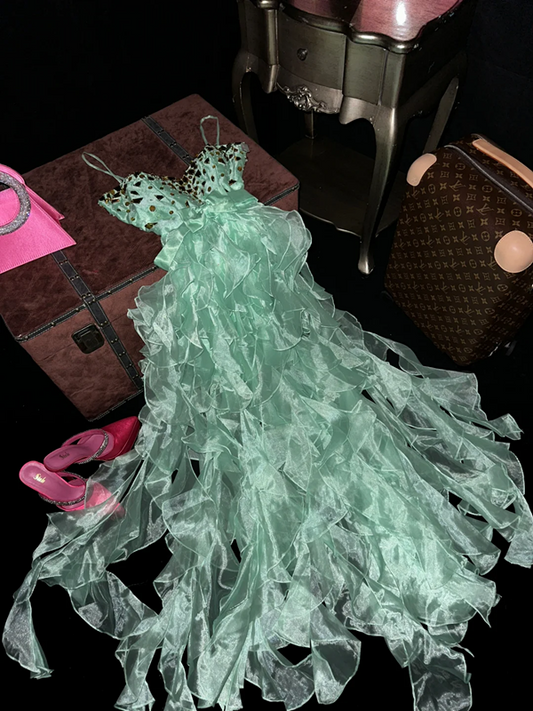 Light green halter-neck fitted ball gown with an asymmetrical hem R7045