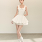 Coquette Bow Square Neck Flounce Dress with Sheer Tulle Layer R9216