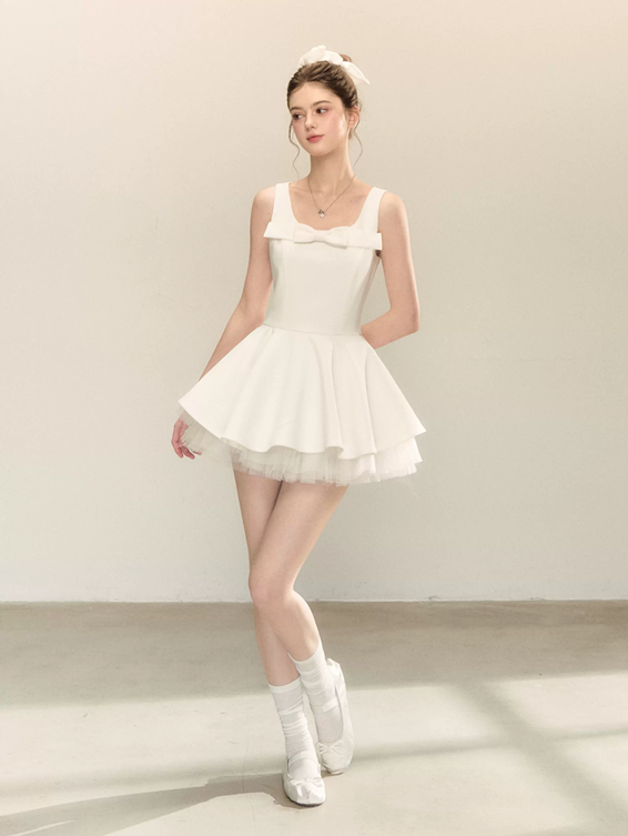 Coquette Bow Square Neck Flounce Dress with Sheer Tulle Layer R9216