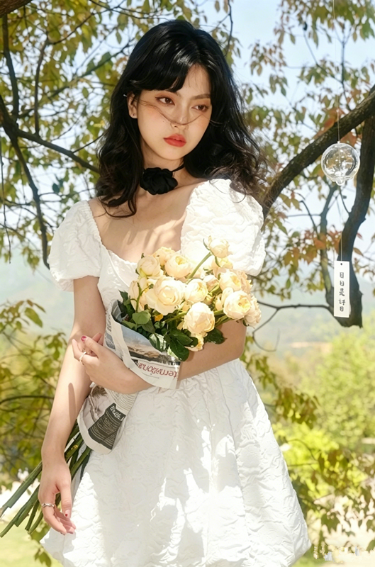 White A-Line Mini Dress Women With Puff Sleeves And Square Neck R9458