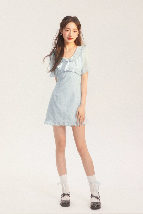 Fairycore Light Blue Lace Embroidery Dress With Puff Sleeves And Ruffle Hem R9303