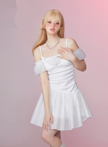 Sleeveless Spaghetti Strap Ruched Flowy Dress with Bubble Sleeves R9234