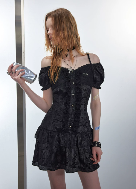 Grunge Goth Black Lace Trim Tiered Dress With Puff Sleeves And Sweetheart Neckline R9316