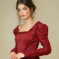 Burgundy Square Neck Mini Dress with Ruffle Trim, Ruched Puff Sleeves & Smocked Back R9183