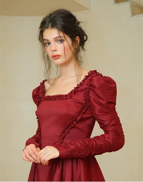 Burgundy Square Neck Mini Dress with Ruffle Trim, Ruched Puff Sleeves & Smocked Back R9183