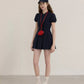 Navy Blue Puff Sleeve Dress with Peter Pan Collar and Elastic Waist R9175