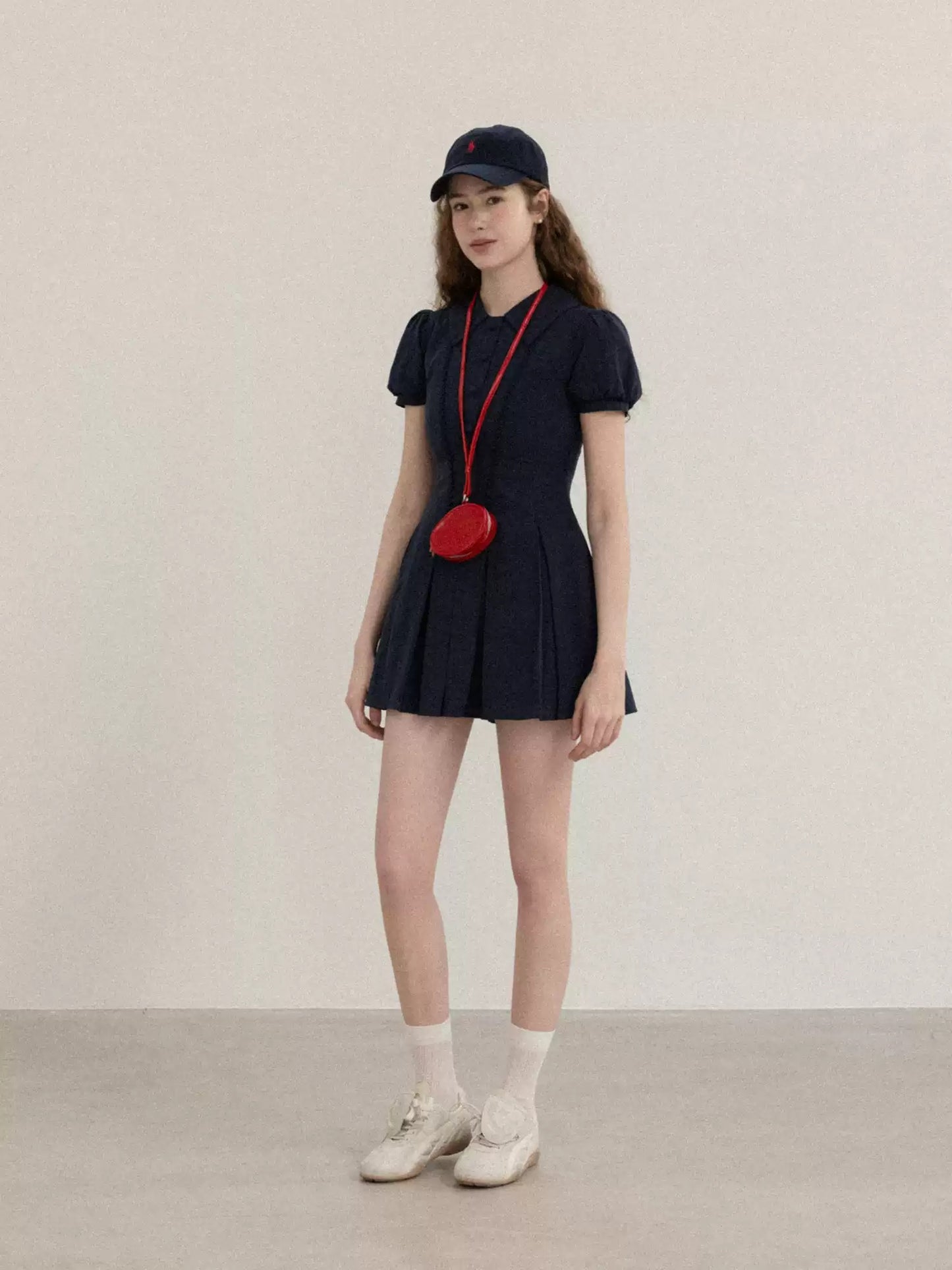 Navy Blue Puff Sleeve Dress with Peter Pan Collar and Elastic Waist R9175
