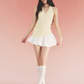 Butter Yellow Polka Dot Halter Top and White Mini Skirt Set with Ruched Waist, V-Neck and Bubble Hem R9249