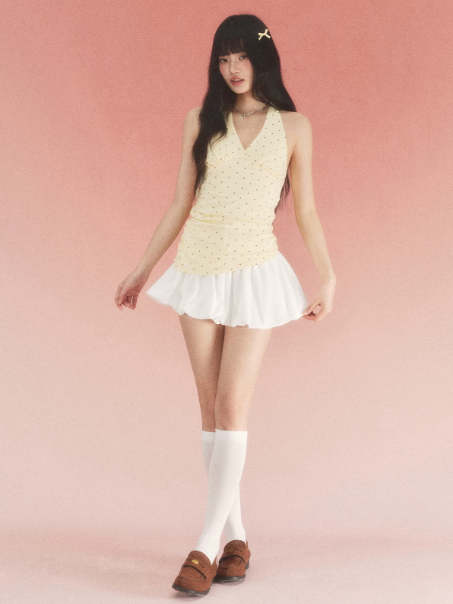Butter Yellow Polka Dot Halter Top and White Mini Skirt Set with Ruched Waist, V-Neck and Bubble Hem R9249