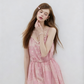 Pink Paisley Print Cami Dress Women With Lace Trim And Elastic Waist R9457