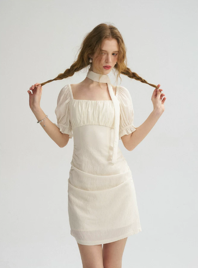 Cream White Square Neck Mini Dress Women With Puff Sleeves And Choker Tie R9453