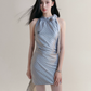 Grey Polka Dot Halter Neck Mini Dress Women With Bow Tie And Ruched Waist R9435