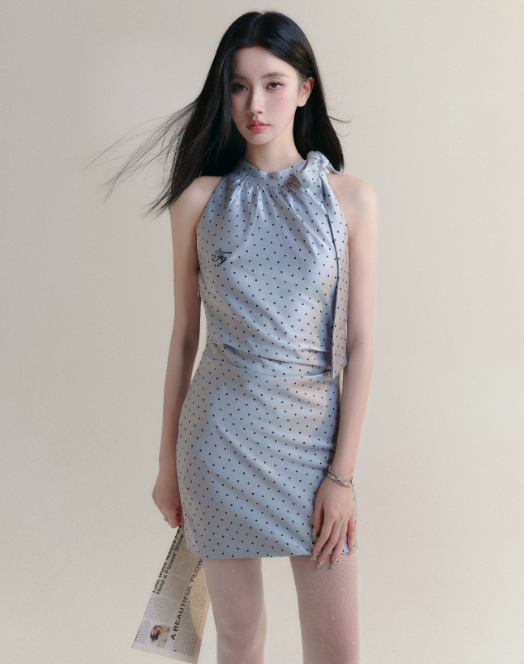 Grey Polka Dot Halter Neck Mini Dress Women With Bow Tie And Ruched Waist R9435