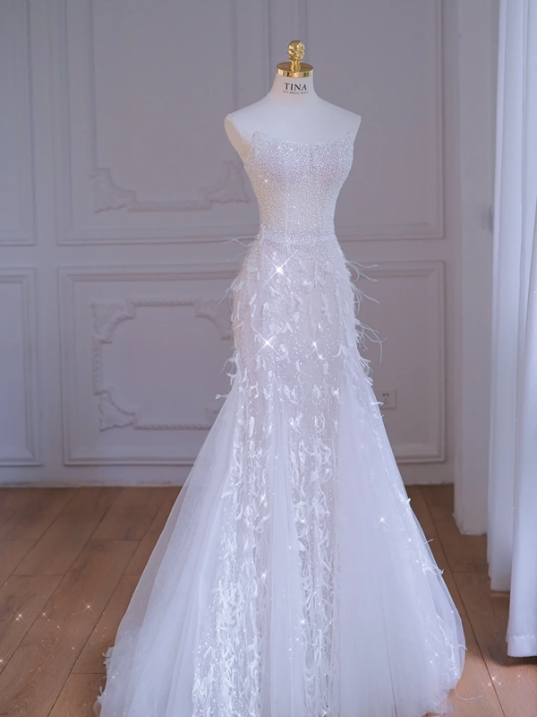 White rhinestone tube top slim waist hip fishtail sexy long dress bridal gown R5848