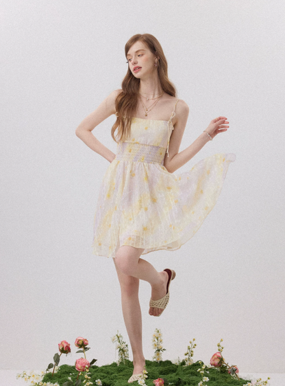 Pastel Yellow Floral Print Cami Mini Dress Women With Smocked Waist And Tie Straps R9491