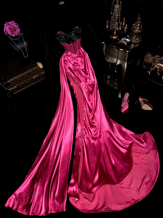 Pink strapless fitted satin elegant long ball gown R6406