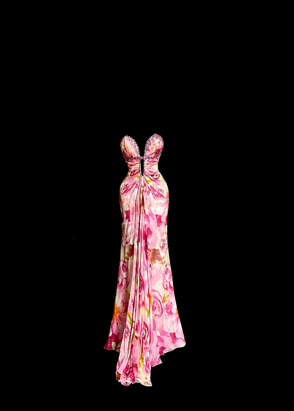 Pink strapless floral print fitted pleated sexy ball gown R6646