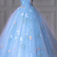 Blue Tube Top Floral-Print Fitted Waist Slim-Fit A-Line Puffy Hem Prom Dress Bridal Gown R5887