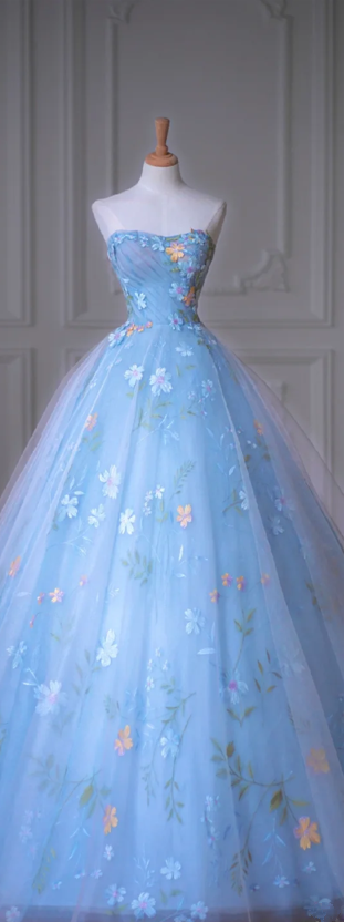 Blue Tube Top Floral-Print Fitted Waist Slim-Fit A-Line Puffy Hem Prom Dress Bridal Gown R5887