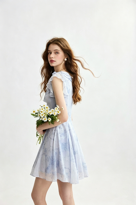 Light Blue Floral Print Mini Dress Women With Ruffle Trim And Bow Detail R9468