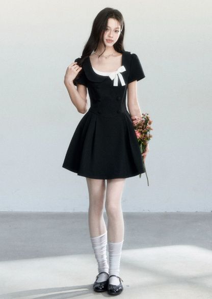 Black Hepburn Style Mini Dress Women With Square Neck And White Bow Detail R9408