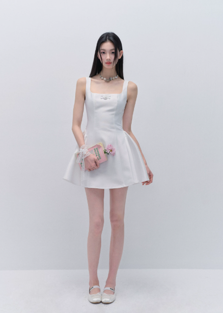 White French Hepburn Style Mini Dress Women With Square Neck And Bow Detail R9411