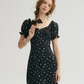 Black Floral Print Mini Dress Women With Puff Sleeves And Lace-Up Back R9477