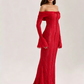 Red Lace Off-Shoulder Maxi Dress with Long Flare Sleeves R9135