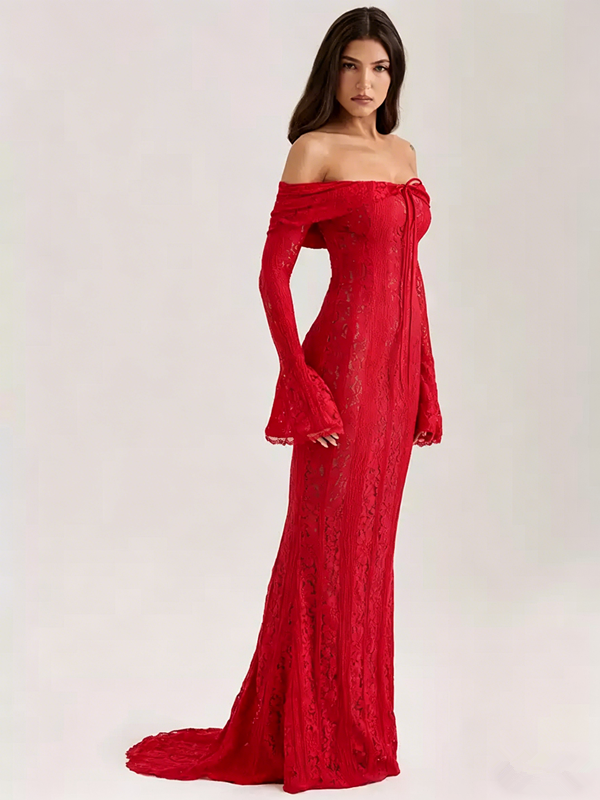 Red Lace Off-Shoulder Maxi Dress with Long Flare Sleeves R9135