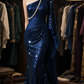 Dark blue one-shoulder slim waist sequined hip-hugging maxi dress elegant ball gown R6087