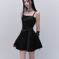 Black Satin Spaghetti Strap Mini Dress With Bow Detail And Flared Skirt R9436