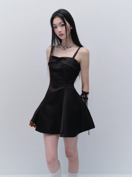 Black Satin Spaghetti Strap Mini Dress With Bow Detail And Flared Skirt R9436
