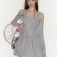 Grey Cutout Long Sleeve Drawstring Dress Women High Waist Puff Hem Mini Dress R9385