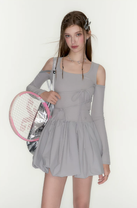 Grey Cutout Long Sleeve Drawstring Dress Women High Waist Puff Hem Mini Dress R9385