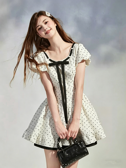 White Polka Dot Mini Dress with Black Bow and Puff Sleeves R9213