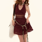 Boho Vintage Red Halter Dress High Waist Ruffle Trim A-Line Party Dress R9346