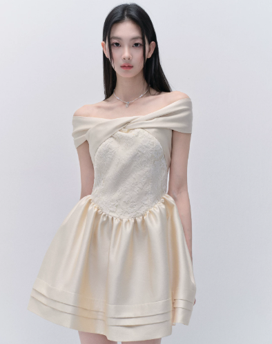 Cream Off The Shoulder Mini Dress Women With Lace Bodice And Satin Skirt R9426