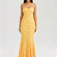Yellow Floral Jacquard Mermaid Maxi Dress with Lace-Up Back R9137
