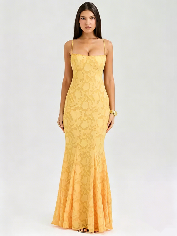 Yellow Floral Jacquard Mermaid Maxi Dress with Lace-Up Back R9137