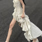 White Floral Spaghetti Strap Asymmetrical Ruffle Hem Dress with Bow Detail R9132