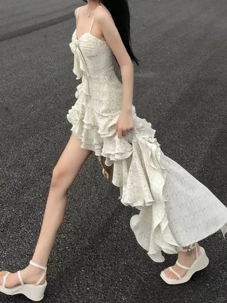 White Floral Spaghetti Strap Asymmetrical Ruffle Hem Dress with Bow Detail R9132