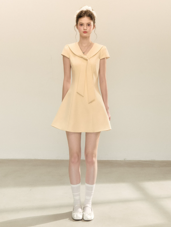 Light Yellow Short Sleeve Sailor Collar Dress with Back Zipper R9217