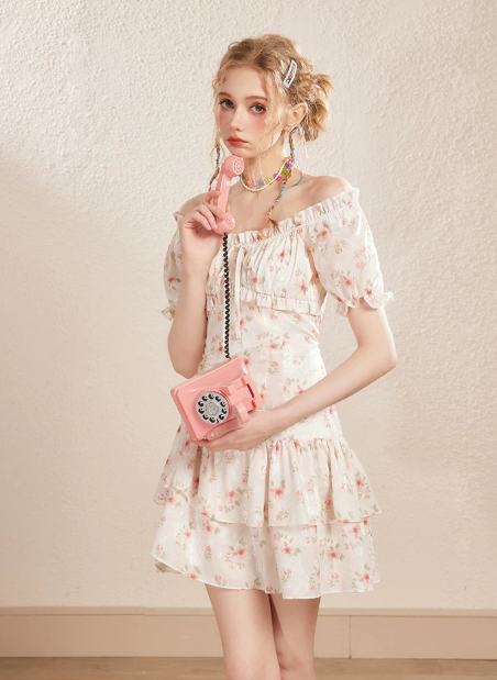 Vintage Coquette Floral Tiered Mini Dress With Puff Sleeves And Drawstring Neck R9318