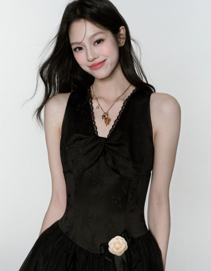 Black Satin Corset Mini Dress Women With Lace Trim And Bow Detail R9432