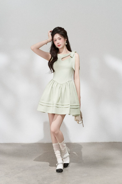 Mint Green A-Line Dress, Women's Sleeveless with Cutout Neck and Bow Shoulder Mini Dress R9339