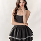 Black Halter Corset Tiered Mini Dress with White Lace Trim and Sparkle Details R9229