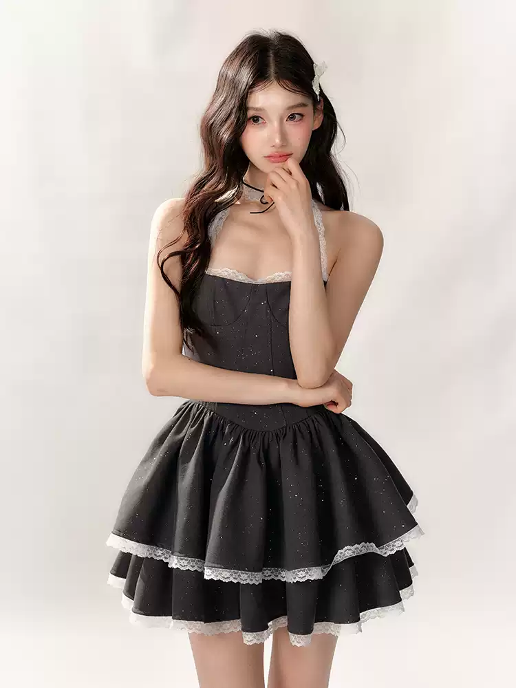 Black Halter Corset Tiered Mini Dress with White Lace Trim and Sparkle Details R9229